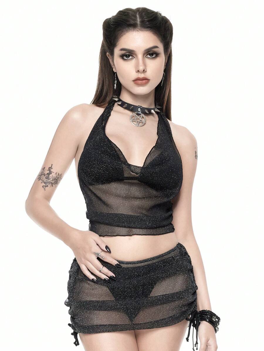 ROMWE Bộ bikini hở lưng trơn phong cách phù thủy Goth kèm áo lưới lấp lánh và chân váy, kỳ nghỉ hè trên bãi biển, Halloween - màu đen - Xem 1