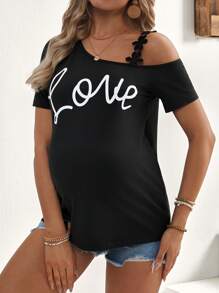 SHEIN Maternity Summer Asymmetric Neck Ruffle Sleeve Printed Short Sleeve T-Shirt - Black - View 2