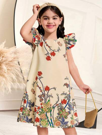 SHEIN DRMZ Young Girl Ditsy Floral Print Ruffle Trim Dress, Fitted Round Neck Woven Dress, Sibling Outfits, Sisters Outfit, Suitable For Girls Daily Wear, Festivals, Family Gatherings And Special Occasions, Sibling Outfits Sisters Ramandan Style Outfit, Spring And Summer, Cute & Elegant & Sweet & Vintage & Fashionable.