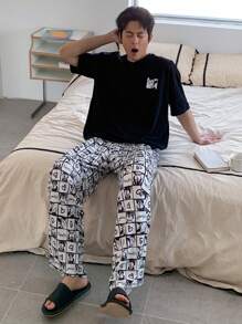 DAZY Men's Anime Pattern Print T-Shirt & Floral Pants Matching Pajama Set, Summer - Grey - View 5