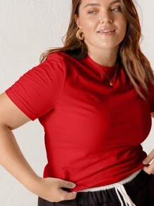 Aralina Fall / Winter Cotton Plus Size Curve Solid Colour Crewneck Round Neck Slim Fit Baby Tee Basic Tee Essential Tee Going Out Top - Red - View 4