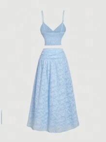 SHEIN MOD Blue Vacation Two Pieces Set, Tunic Vest & Gathered Skirt, Suitable For Date, Party, Vacation, Afternoon Tea, Birthday Wear, Valentine's Day, Women's Summer Wear, Women's Beach Wear, Rave Wear Festival, Resort Wear For Women, Women's Date Night Wear