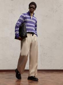 AKNOTIC Party 圣诞节男士撞色立领半拉链落肩休闲毛衣，适合圣诞节、新年、日常穿着、秋冬季，绿色菱形提花配金属拉链门襟 - 紫色 - 查看 4