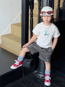 DAZY 2pcs/Set Young Boy Dinosaur Print Short Sleeve T-Shirt And Shorts Set - White - View 3