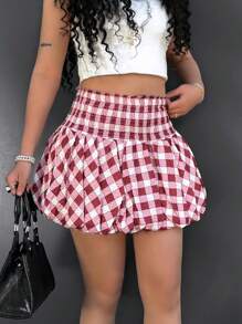 Pink Cute Plaid Bubble Ruffle Women's Mini Skirt - Multicolor - View 5