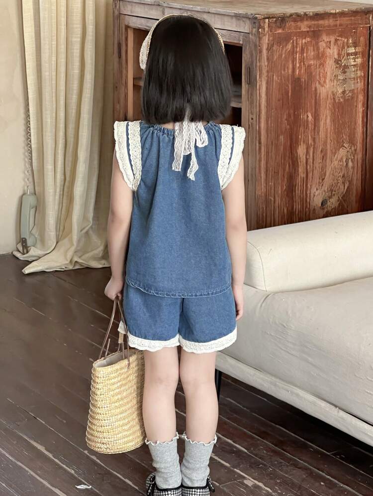 Young Girl Solid Color Splicing Casual Top And Denim Shorts Set