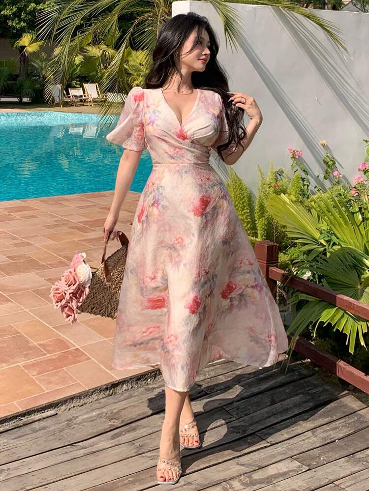 Women's Elegant Full Print Plant Design Long Dress, Spring/Summer New Arrival Floral Maxi Dress