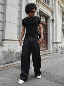 Manfinity Roghcode 男士小众设计多片拼接假两件式宽松日系深色超大阔腿裤男友礼物纯色长款超大纯黑色裤子送给老公 - 黑色 - 查看 5