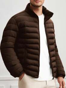 Manfinity Basics 男士修身休闲立领拉链加厚棉服外套，适合冬季 - 咖啡棕 - 查看 1