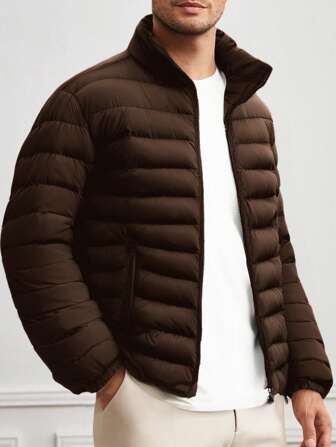 Manfinity Basics Casaco Acolchoado Espessado, Zíper, Colarinho Levantado Casual, Corte Slim, Adequado para o Inverno