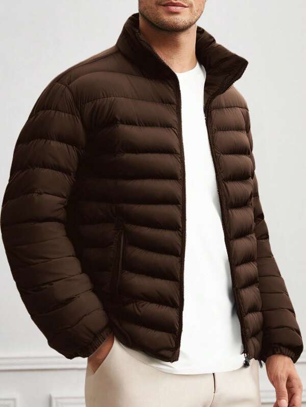 Manfinity Basics Men's Slim Fit Casual Standup Collar Zip-Up Thickened Padded Coat, Suitable For Winter
