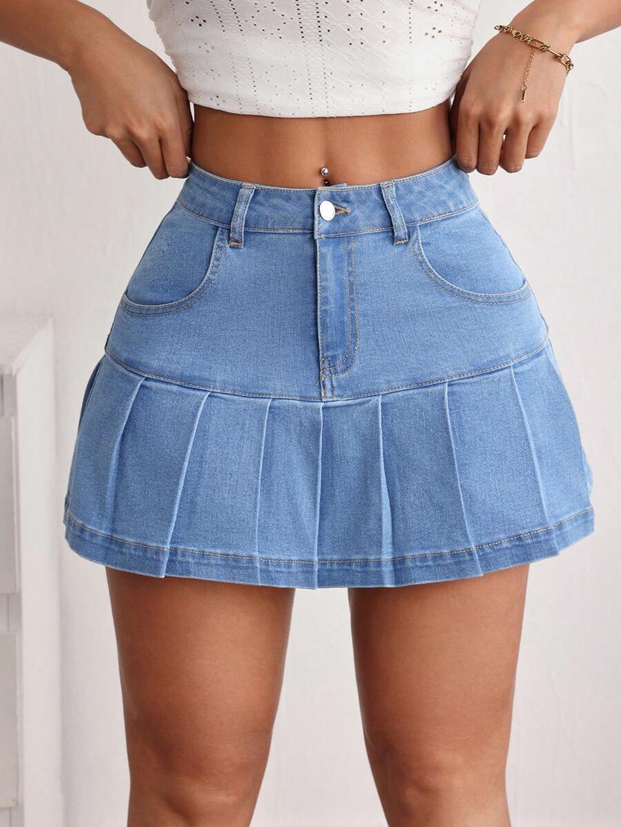 SHEIN PETITE 女士休闲斜口袋褶皱牛仔 A 字裙，夏季 - 淺色水洗藍 - 查看 1