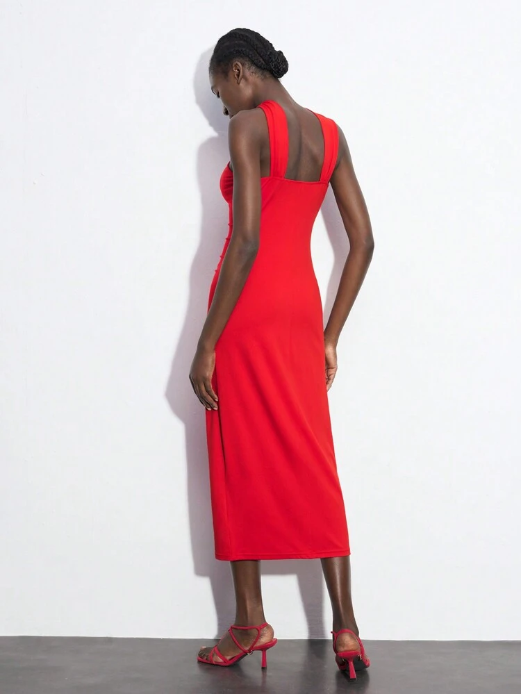 SHEIN Maija Women's Red Summer Seksi Chic Tropical Cocktail Dress,Adjustable Collar Belt Buckle Decor Tube Top Elegant Party Urban Festival Concert Outfit
