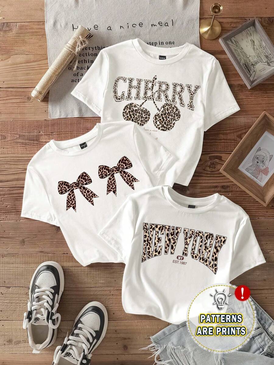 SHEIN EZwear 3pcs Set Casual Minimalist Leopard Print Round Neck Short Sleeve Cropped Tight T-Shirts, Summer For Women Suitable For Going Out