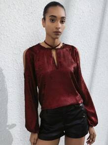 SHEIN Privé 时尚安哥拉红色高端设计优雅奢华复古休闲百搭交叉带长袖衬衫 - 紅色 - 查看 4