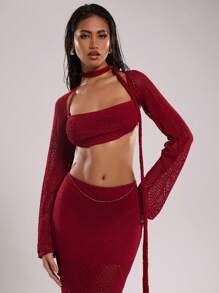 SHEIN BAE Women Burgundy Red Hollow Out Long Sleeve Cropped Vest And Halter Neck Knit Top 2 Pieces Set,Autumn Chic Club Night Vacation Beach Outfits - Red - View 1