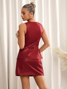SHEIN Clasi 2Pcs Women Sleeveless Vest & Short Skirt Set, Resin Button Pocket Vest & PU Skirt, Elegant For Everyday Wear - Red - View 2