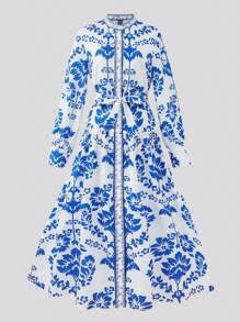 SHEIN Robe à col montant, taille avec ceinture et motif de fleurs en porcelaine élégant, avec manches bouffantes. Convient pour les sorties, les séances photo, les vacances, les tenues assorties mère-fille (2 pièces vendues séparément) - Bleu azur - Voir 1