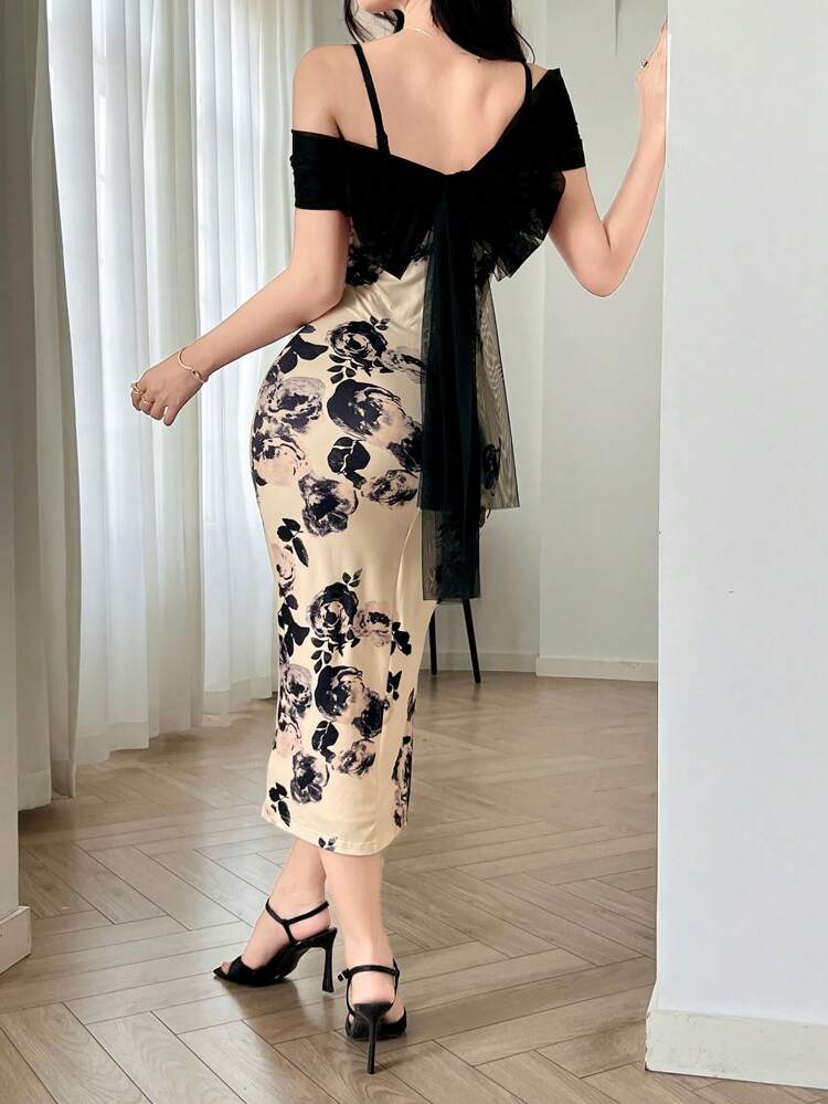 Women's Elegant Spaghetti Strap Floral Print Mesh Patchwork Backless Mid-Calf Split Chiffon Dress, Summer Vacation