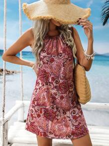 SHEIN VCAY Vacation Open Shoulder Printed Chiffon Dress For Women