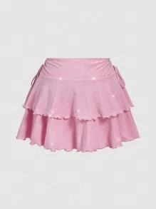 SHEIN MOD Falda de talle bajo con volantes y destellos en color rosa para mujeres de talla grande