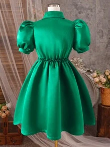 1pc Tween Girls Green Satin Puffy Sleeve Collared Blouse And Voluminous Puff Princess Dress, Spring/Summer - Green - View 2