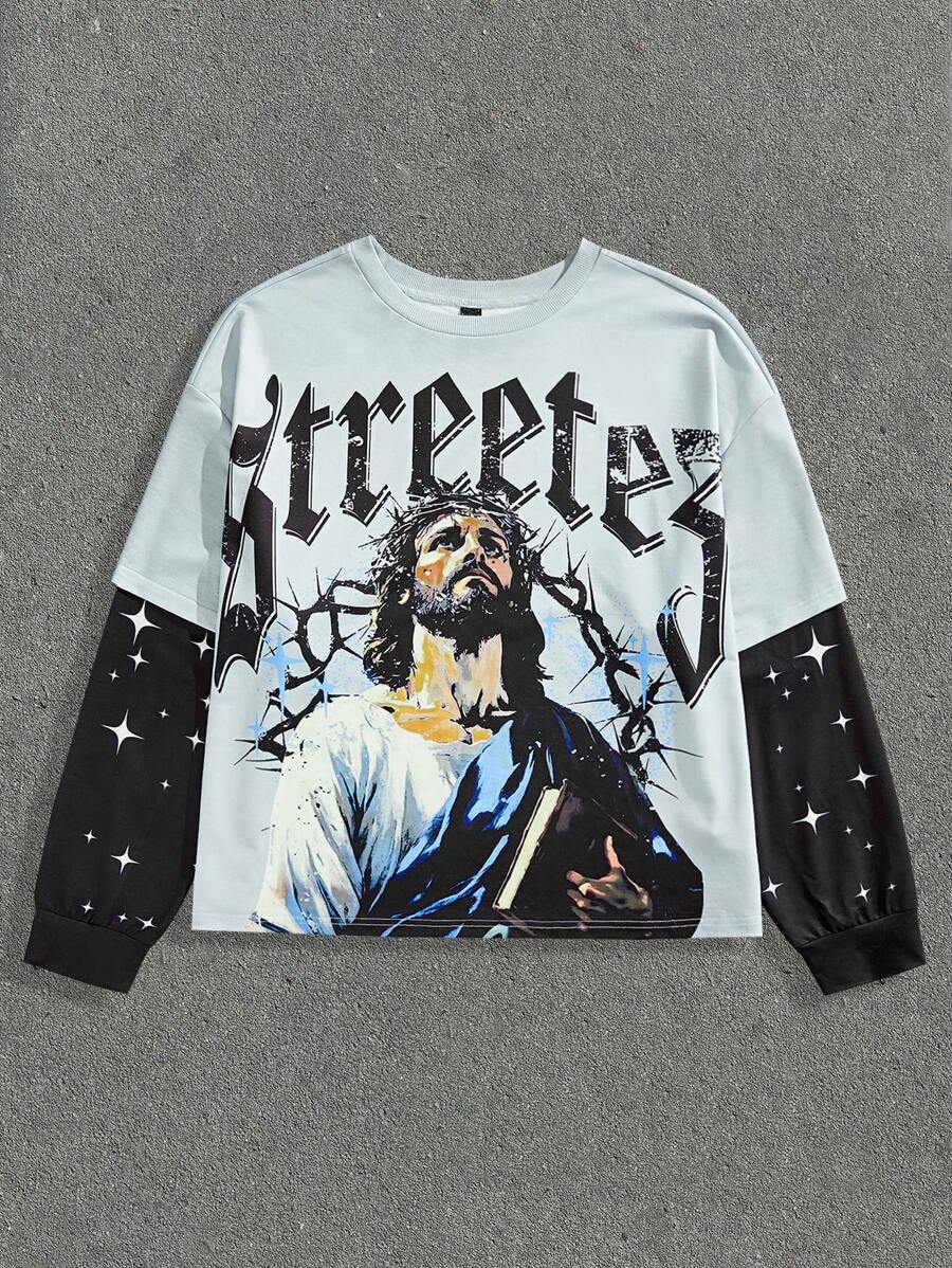 Manfinity NXTstreet Men's Digital Print Loose Knitted Long Sleeve 2 In 1 T-Shirt - Blue - View 1