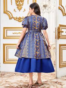 SHEIN Tween Girls Woven Jacquard Floral Print Puff Sleeve Ruffle Hem Mix Dress, Regal Dress, Cobalt Blue - Royal Blue - View 3