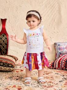 SHEIN Babygirl Cute Cartoon & Floral Print Knit Top And Mini Skirt 2pcs Set, Summer - Multicolor - View 4