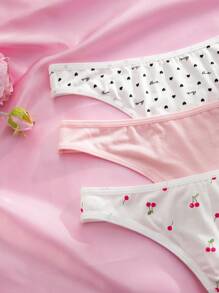 Eraneu 3pcs/Pack Women's Romantic Cherry Heart Print Casual Comfortable Versatile Panties, Printed Thongs - Multicolor - View 6
