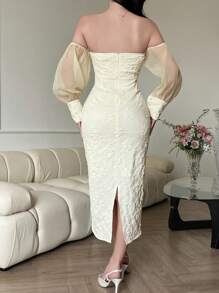 DAZY 女式中长款露肩系带拼接连衣裙、婚纱、秋季连衣裙、长袖连衣裙 - 米色 - 查看 2