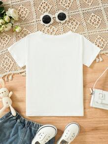 年轻女孩休闲“花姑娘”英文文字图形白色短袖T恤，适合学校、派对、日常穿着 - 白色 - 查看 2