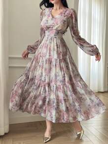 DAZY 女士长款休闲连衣裙，简约时尚，适合日常穿着，花卉图案，秋季长袖连衣裙，度假装扮 - 淺灰紫 - 查看 1