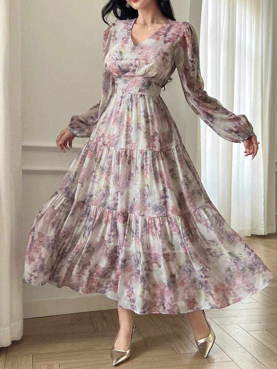 DAZY 女士长款休闲连衣裙，简约时尚，适合日常穿着，花卉图案，秋季长袖连衣裙，度假装扮 - 淺灰紫 - 查看 1