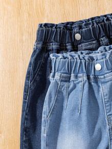 2pcs Baby Girls Light Blue & Navy Casual Elastic Waist Washed Denim Pants Set - Multicolor - View 6