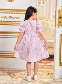 SHEIN 少女提花泡泡袖彼得潘领修身连衣裙 - 紫色 - 查看 3