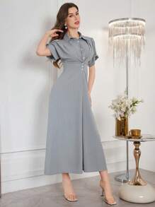 Mulvari Women's Korean Wave Pleated Collar, Single-Breasted Waist-Defining Minimalist Short Sleeve Long Dress