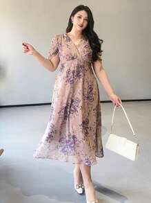 Dazy Petite Plus Plus Size Floral Print V-Neck Puff Sleeve Mini Dress, Purple, Spring/Summer Draped Dress Pink Milkmaid Dress Sundress - Purple - View 7