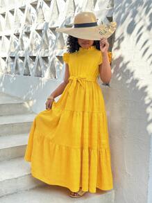 SHEIN SLAYR KIDS Tween Girl Stand Collar Ruffle Waist Dress With Ruffle Flutter Sleeves - Yellow - View 5