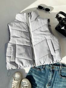 Comfortcana 女士短款纯色前拉链背心、冬季夹克 - 淺灰色 - 查看 1