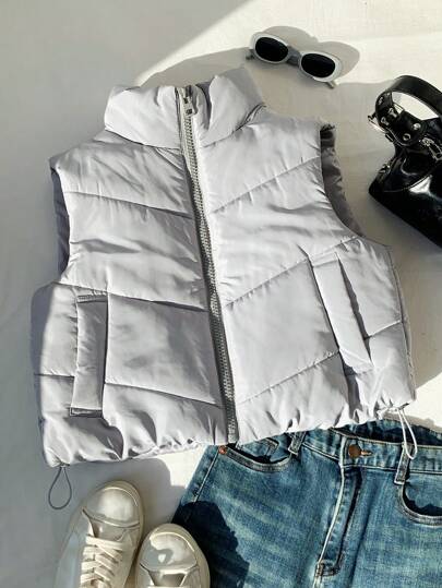 Comfortcana 女士短款纯色前拉链背心、冬季夹克