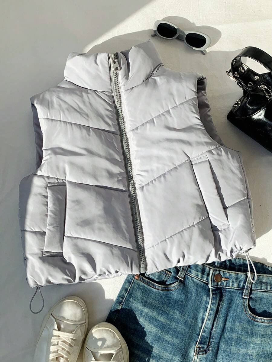 Comfortcana 女士短款纯色前拉链背心、冬季夹克 - 淺灰色 - 查看 1