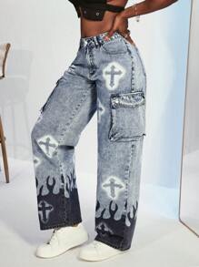 Slaydiva Damen Lässig Cargo Jeans mit gewaschenem Kontrast Kreuz- und Flammen-Muster - Blau - Übersicht 5