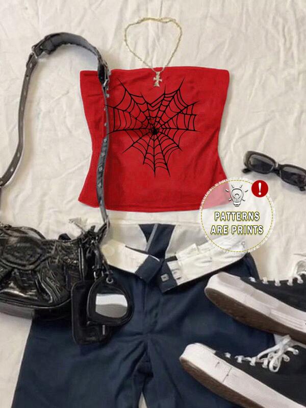 Attitoon Sexy Damen Crop Top mit schwarzem Herz- und Spinnennetz-Muster in Rot, lässiger Sommerstil