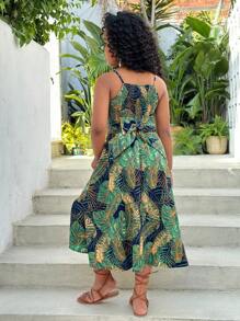 SHEIN 青春期女孩套装：休闲露背蝴蝶结吊带背心 + 开衩长裙两件套 - 綠色 - 查看 2