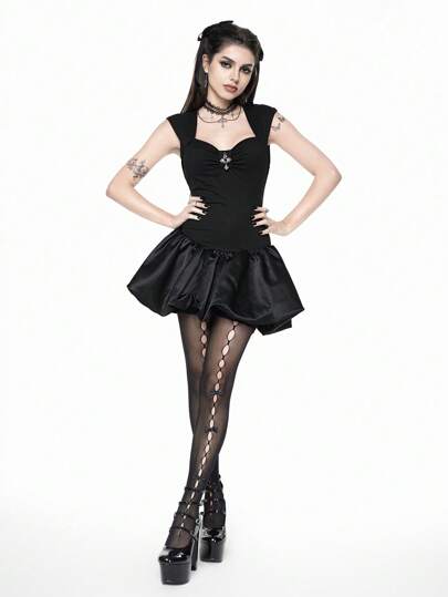Goth Vintage Gothic Girl Cross Decor Women Bubble Satin Mini Dress