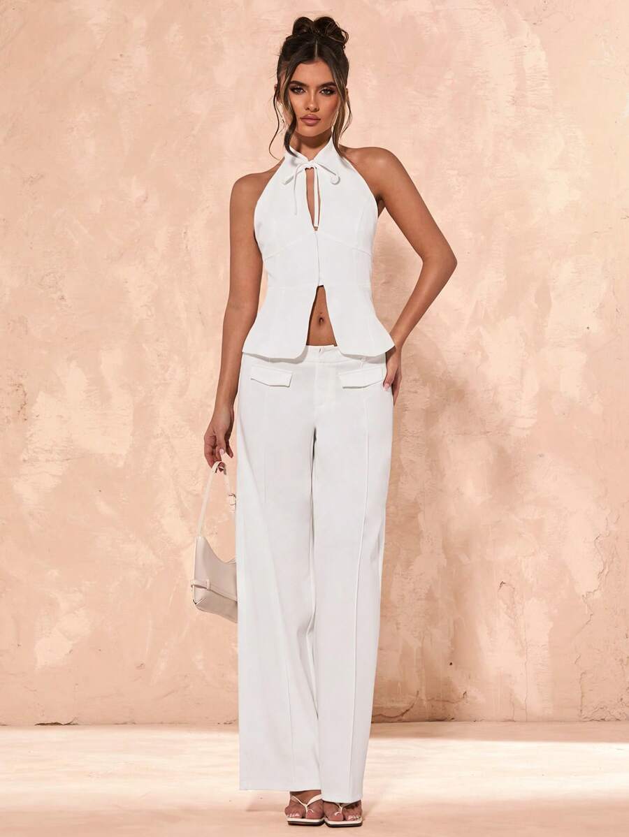SHEIN BAE Women's Solid Color Front Tie Sleeveless Minimalist Blazer Top, Casual Vacation Wear - White - View 1