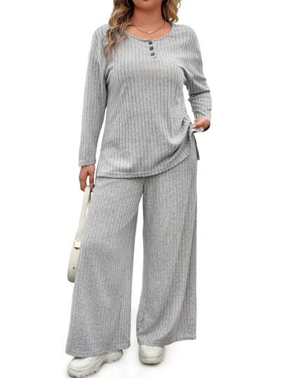 SHEIN MOOSTA 2 件大码女式罗纹休闲家居服套装，长袖上衣和裤子，灰色，秋冬