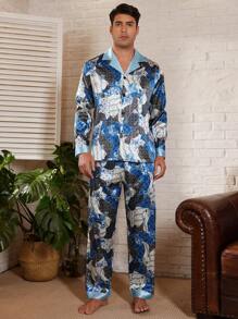 Herren Schlafanzug Set mit Full-Muster Muster, bestehend aus Langarm-Oberteil und langer Hose