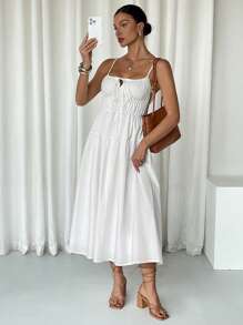 SHEIN Essnce 1pc Women's Mid-Length Solid Color Strap Simple Fashion Casual Everyday Dress - White - View 5